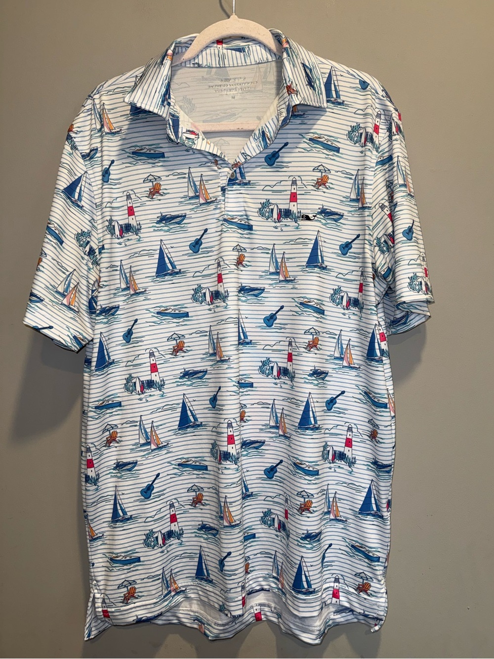 Vineyard Vines White Nautical Sailboat & Lighthouse Polo with Blue Accents